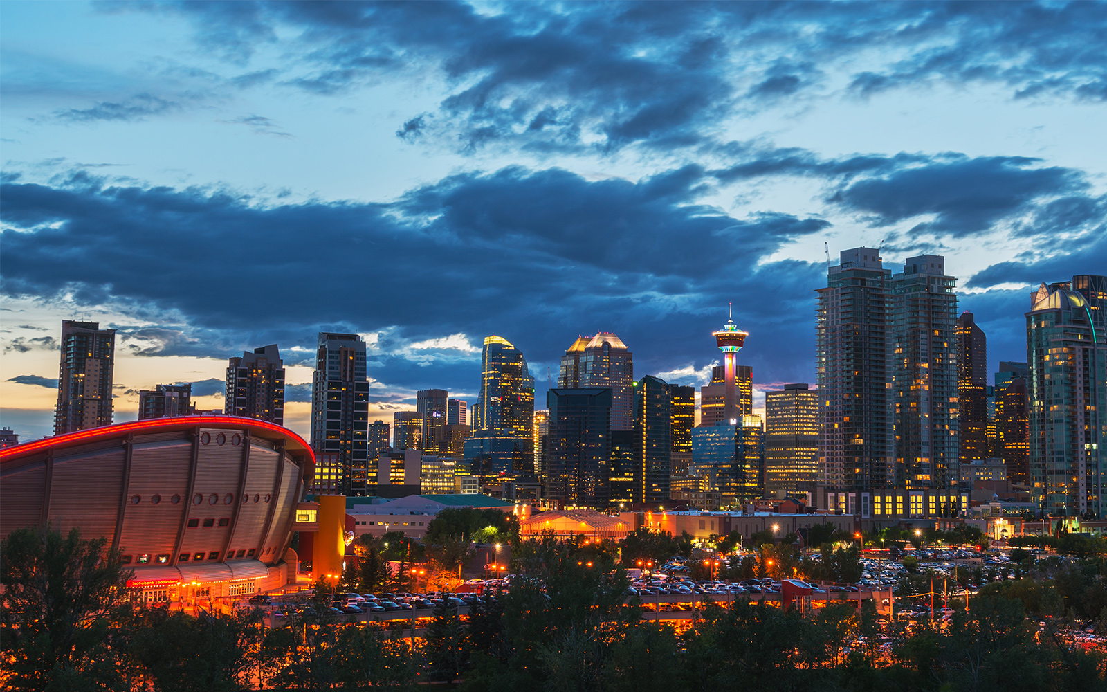 View of Calgary skyline at sunset