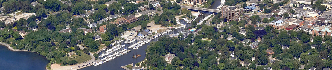 Aerial view of Oakville port with many boats at the docks.