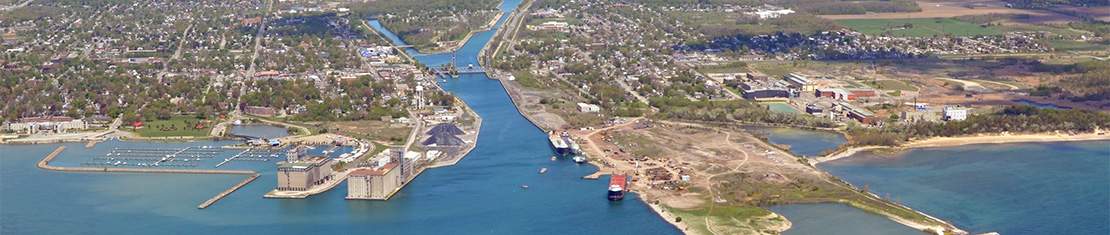 Aerial view of the port and river mouth and Port Colbourne