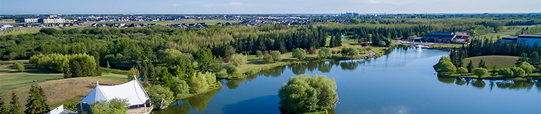 Aerial view of a park with a body of water