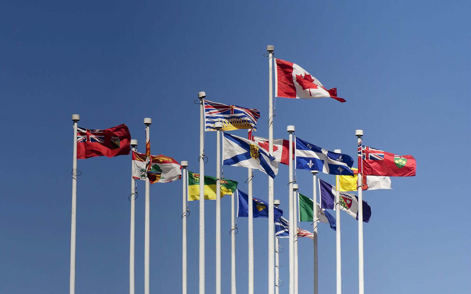 Flags of the Canadian Provinces flying in the wind