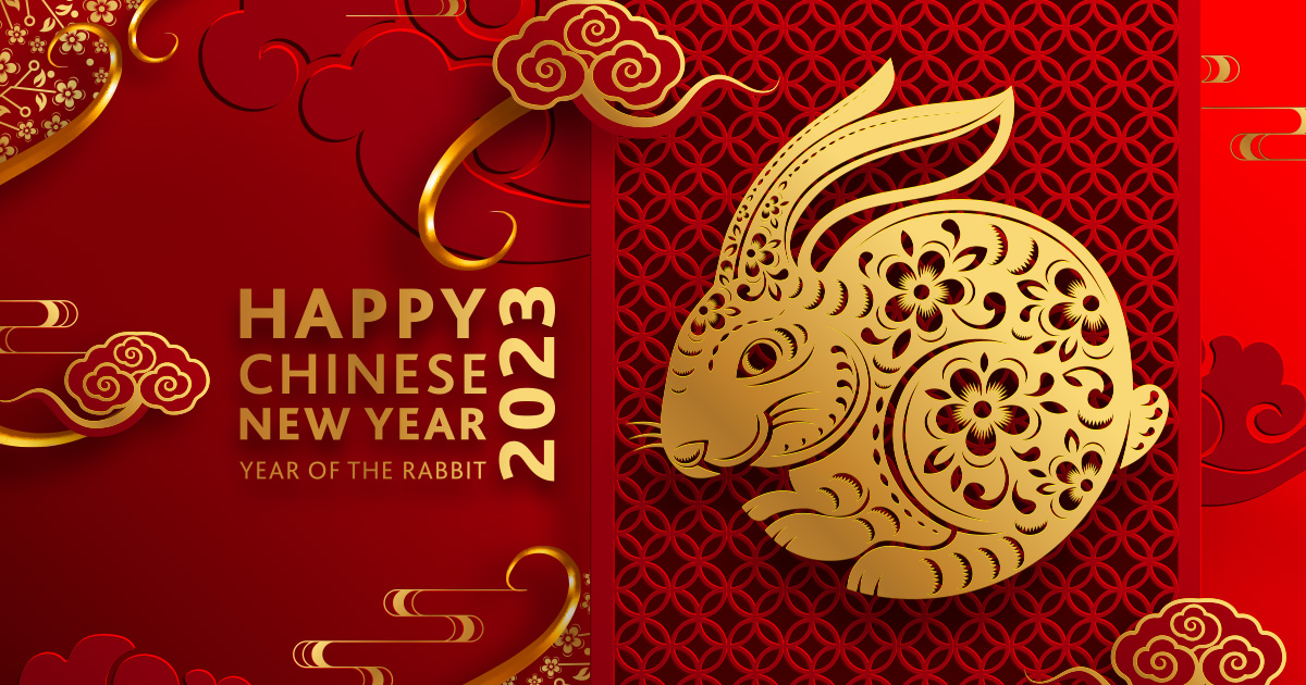 Graphic of a rabbit with text beside saying "Happy Chinese New Year 2023"