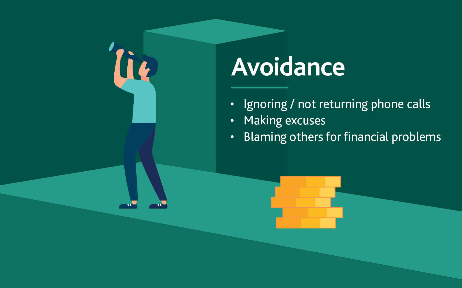 Avoidance: Ignoring/not returning phone calls, making excuses, blaming others for financial problems