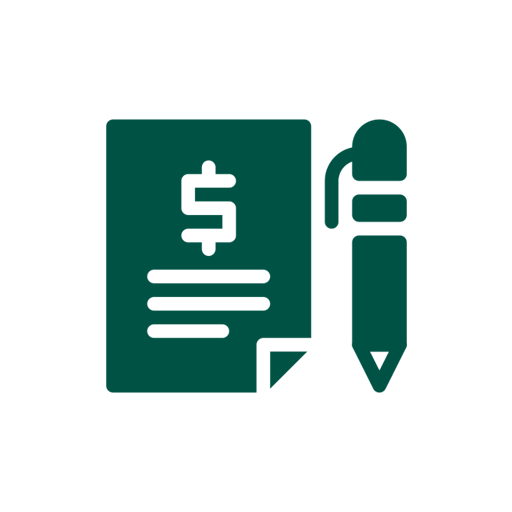 Illustration of a notepad and pen with a dollar sign written on it.