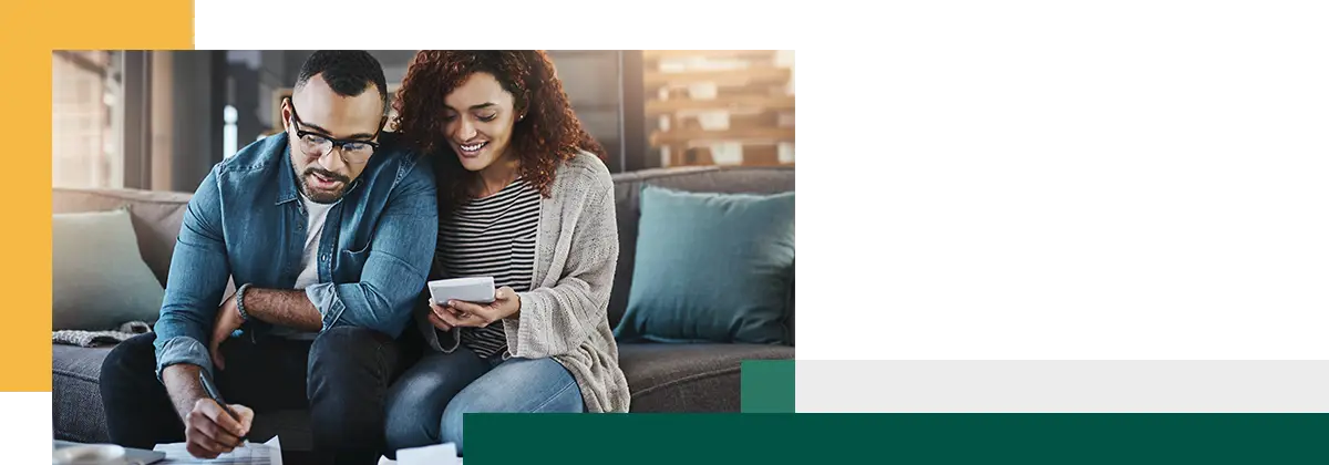 Calculator, financial documents or happy couple with budget paperwork