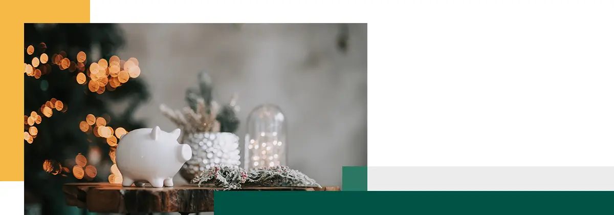 piggy bank in festive New Year atmosphere of scenery Magical bokeh with Christmas tree and bright li