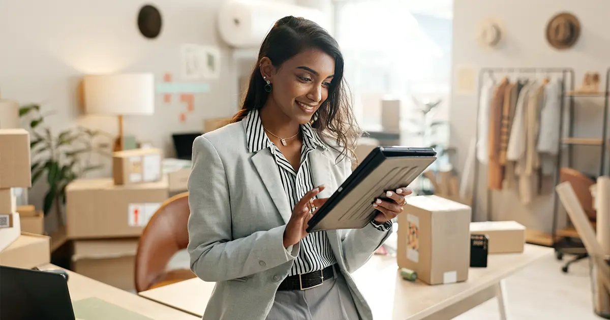 Tablet, woman and online stock check with shipping company