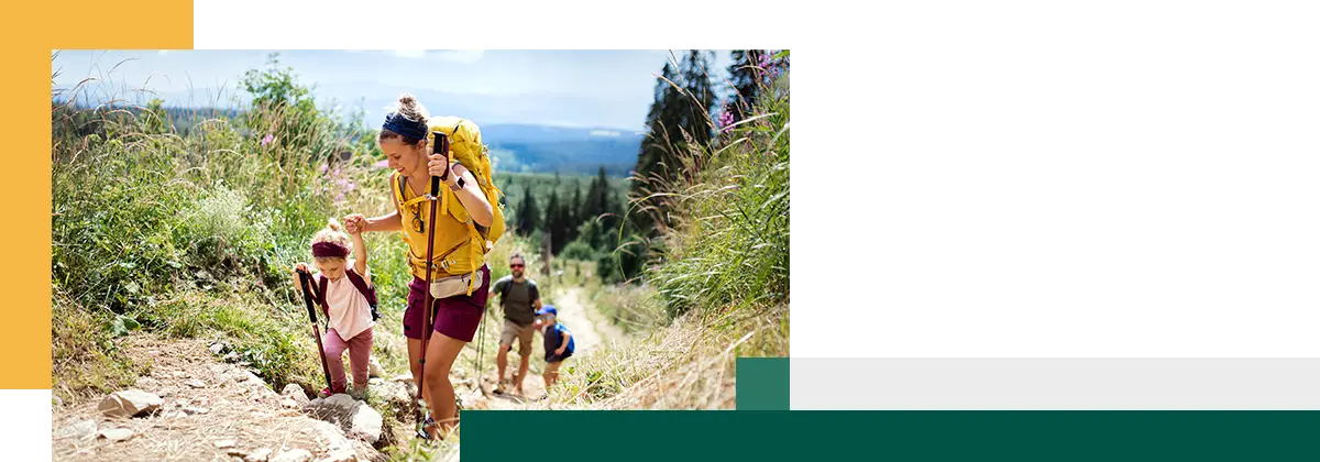Family with small children hiking outdoors in summer nature