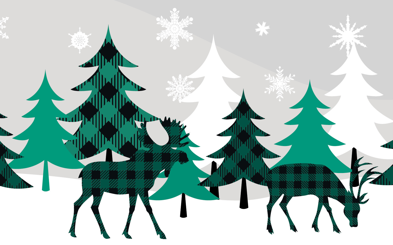 Trees, moose, snowflakes