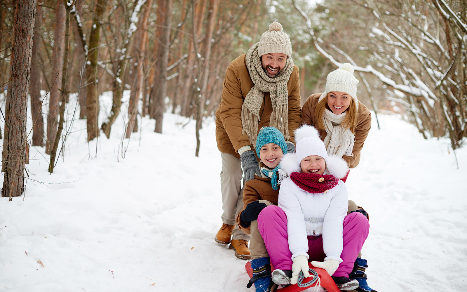 Joyful family sledding