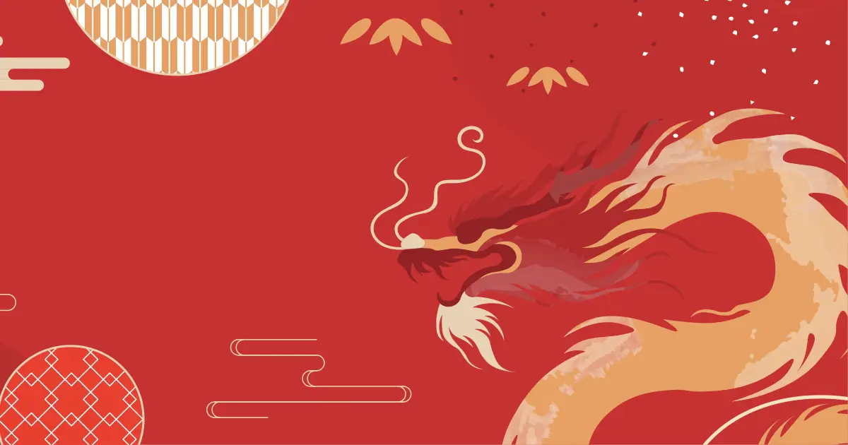 Red background with Chinese New Year symbols and a cartoon figure of a red dragon
