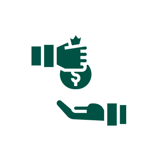 Illustration of two hands with one of them giving a bag of money to the other.