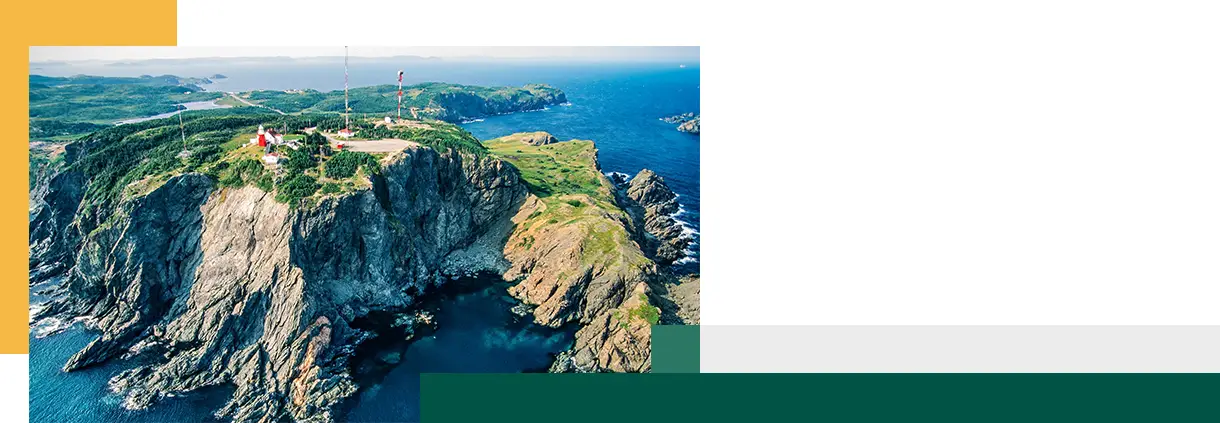 Aerial image of historic Long Point Lighthouse Twillingate Newfoundland Canada