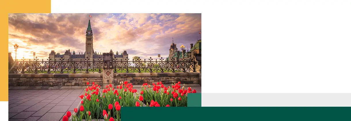 View of Canada Parliament building in Ottawa during tulip festival.
