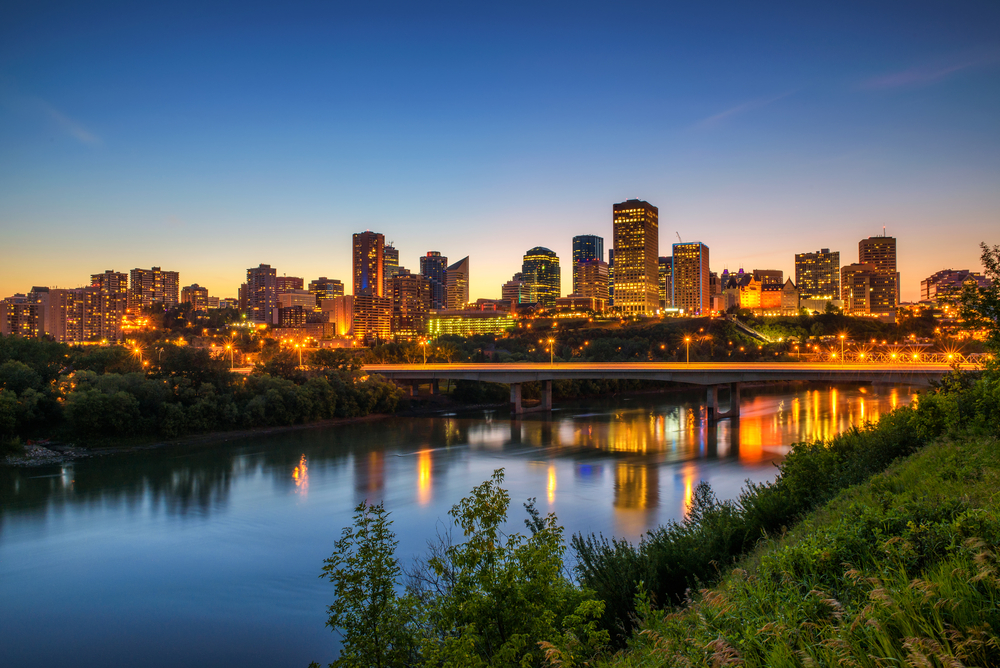 View of Edmonton from the riverbank at sunset