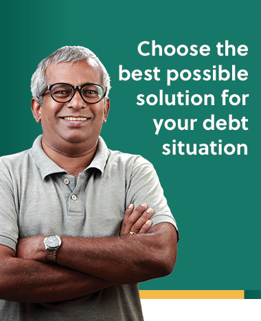 A man standing with his arms crossed with the text beside him: "Choose the best possible solution for your debt situation"
