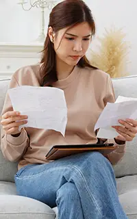 Young woman sitting on a sofa worried