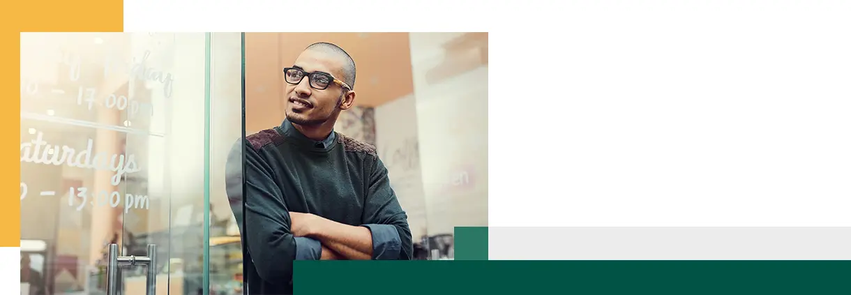 Arms crossed thinking and man at entrance of coffee shop for opening of small business startup