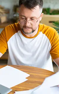 Photo of a middle-aged man working with his laptop at home