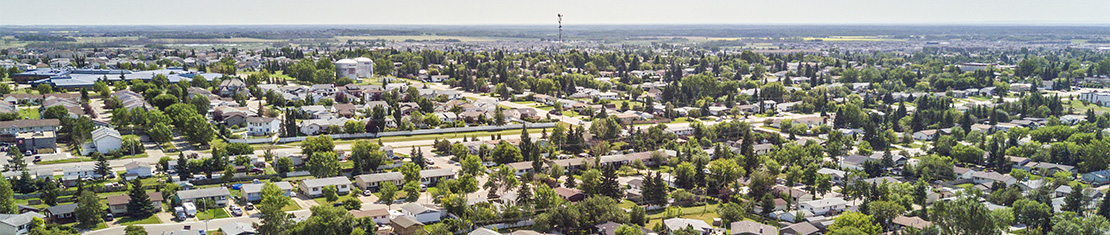 Aerial view of suburban residential area.