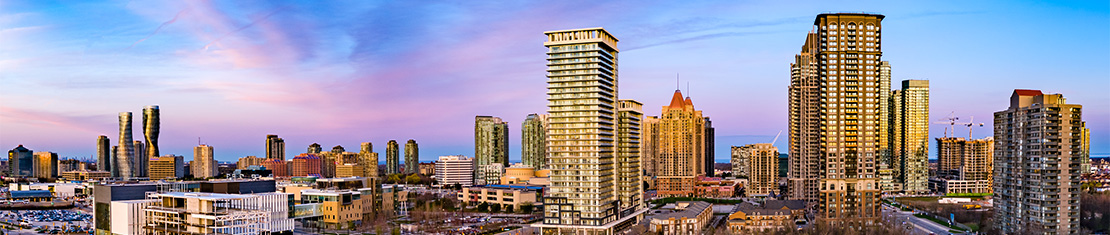 Downtown Mississauga with a purple sky